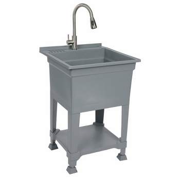 UTILITYSINKS 24 Inch Compact Freestanding Utility Tub Sink with Quick Connect Drain and Convenient Under Basin Storage, Grey
