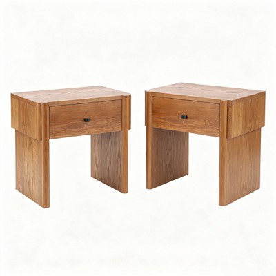 Two wooden nightstands with a single drawer each, featuring a simple design and black handles.