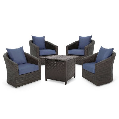 Darius 5pc Outdoor Set with 4 Wicker Swivel Chairs & Fire Pit Set - Brown/Navy/Hammered Bronze - Christopher Knight Home