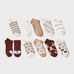 Women's Teddy Bear 10pk Low Cut Socks - Brown/Tan/Ivory 4-10 - 1 of 3