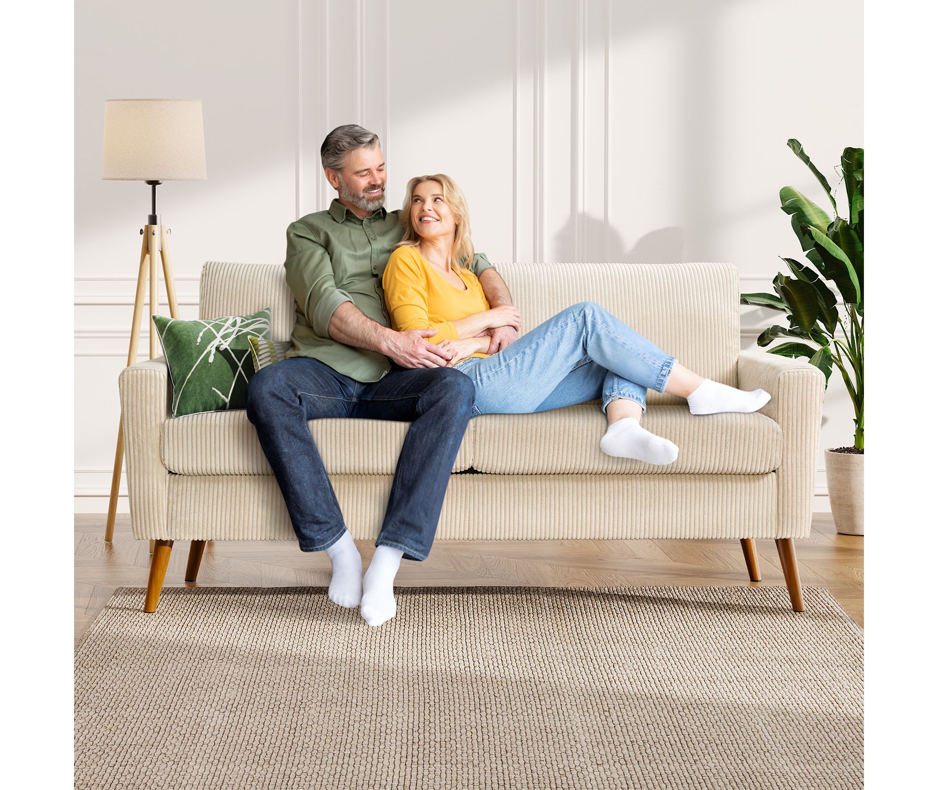 Dyonery 68" Small Loveseat for Bedroom Office Mid Century Modern Loveseat Sofa Beige Corduroy Couch with Spring Cushion, Solid Wood,Tool-Free Assembly