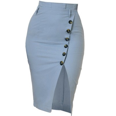 Allegra K Women's Vintage Button Decor Belted Split Front Knee Length Pencil Skirt
