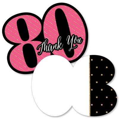 Big Dot of Happiness Chic 80th Birthday - Pink, Black & Gold - Shaped Thank You Cards - Birthday Party Thank You Note Cards with Envelopes - Set of 12