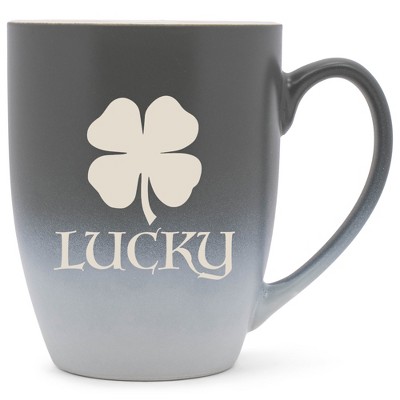 100 North Four Leaf Clover 10 Ounce Gray and White Two Toned Ombre, Comfortably Fits Your Hands, Ceramic Tea Coffee Cup Mug, Lucky
