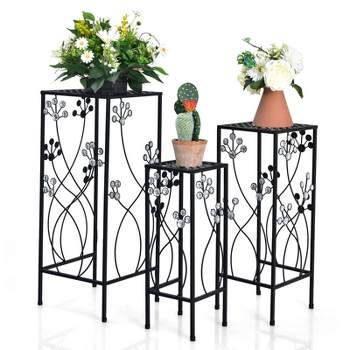 Tangkula 3 Pieces Metal Plant Stand Flower Pots Display Rack with Crystal Floral Design for Garden Square