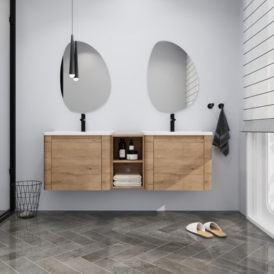 GDFStudio Nibley Wall-Mounted Bathroom Vanity with Ceramic Sink and Storage Shelves