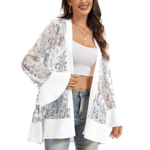 Anna-Kaci Women’s Sequin Mesh Cardigan with Sheer Embellished Sleeves and Flowing Open Front Design for Layering Style - 1 of 4