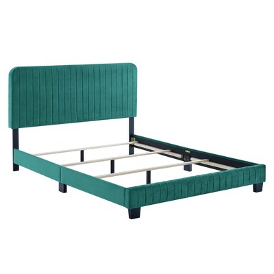 Teal Velvet Tufted Upholstered King Bed with Wood Frame