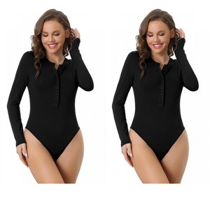 Allegra K Women's Full Button Crew Neck Long Sleeve Bodycon Romper Stretchy Body Shapers 2 Packs - 1 of 4