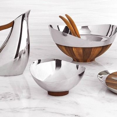 Polished Stainless Steel and Acacia Wood Crescent Nut Bowl