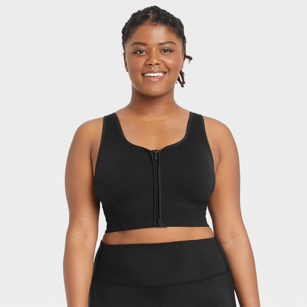 Women's Medium Support Seamless Zip-Front Sports Bra - All in Motion™ Black 2X