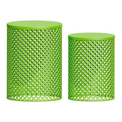 Naysaye Patio End Tables Set of 2 Round Metal Mesh Design End Tables for Patio Deck Garden Poolside, Green, 14.5"*14.5"*19.25"