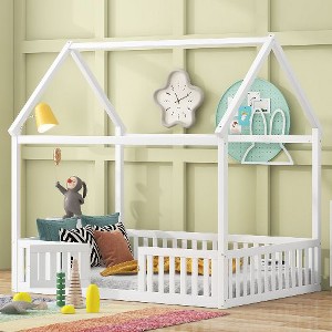 CAVINAS Twin Size Bed Frame, Wood House Bed with Fence and Door for Children, Floor Platform Bed - 1 of 4