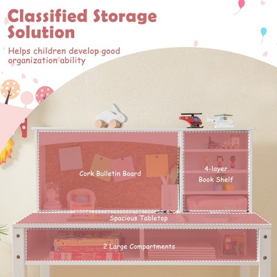 White Wooden Kids Desk and Chair Set with Hutch and Drawer