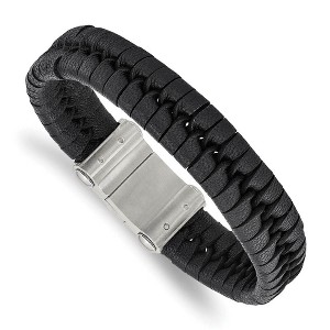 Black Bow Jewelry Men's 15mm Stainless Steel & Black Leather Woven Bracelet, 8.5 Inch - 1 of 4