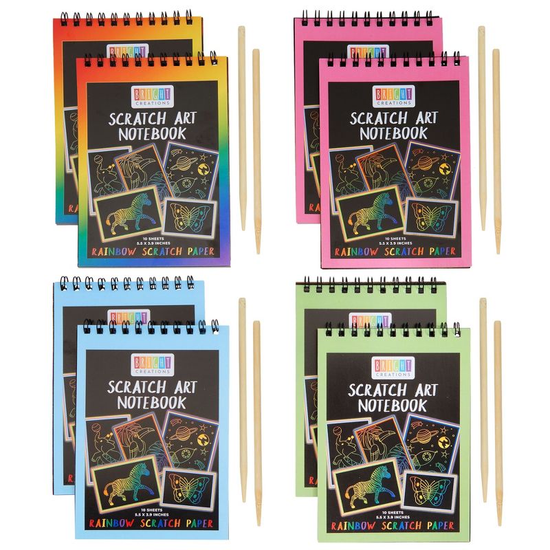 Bright Creations 8 Pack Rainbow Color Scratch Art Pads Set for Kids with Wooden Styluses, 10 Sheets, 5.5 x 3.9 in, 1 of 9