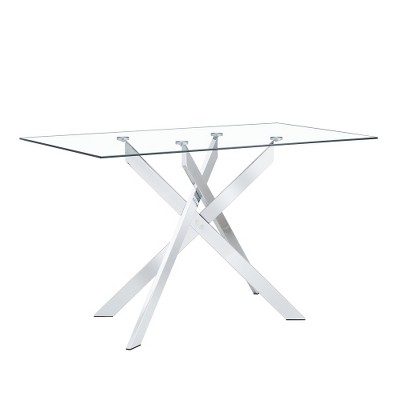 Dolonm  51.18" Rectangular Clear Tempered Glass Dining Table,Stylish Design with Silver Chrome Plated Metal Legs, Dining Table for Dining Room