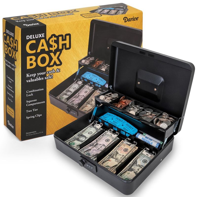 Darice Cash Box - Extra Large Money Safe for Cash- Foldable Money Box Organizer - Lock for Safety - Extra Compartment - Handle (9.5"x 11.75"x 3.5"), 2 of 4