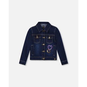 Deux par Deux Girl Stretch Denim Jacket Dark Blue with Glittery Hearts and Unicorn - 1 of 4