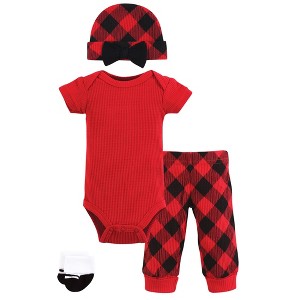 Hudson Baby Girls Thermal Preemie Layette Set 4pc Short Sleeve Outfit, Girl Buffalo Plaid, Preemie - 1 of 4