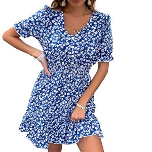 Anna-Kaci Women's Short Sleeve Floral Print Mini Dress with Smocked Waist and Ruffle Hem - 1 of 4
