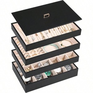 Stackable Jewelry Organizer Tray, PU Leather Storage Holder for Drawer Inserts, Black Set of 4 - 1 of 4