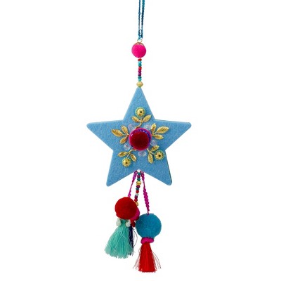 Northlight Plush Beaded Star with Pom Poms Hanging Christmas Ornament - 11" - Blue and Red