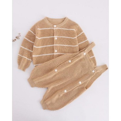 MyKids-Usa Baby Solid Color Knit Romper Combo Striped Graphic Cardigan Sets