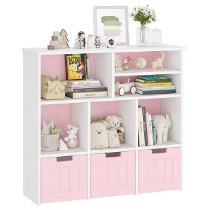Toy Storage Cabinet, Kids Toy Shelf, Bookshelf with Hidden Wheels, 3 Removable Drawers for Bedroom, Playroom and Nursery, White Pink - 1 of 4