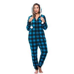 Just Love Womens One Piece Buffalo Plaid Adult Bodysuit Faux Sherling Lined Hoody Pajamas - 1 of 4