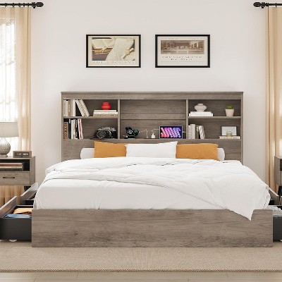 Nasitip Bed Frame with Bookcase Headboard, Storage Drawers, Charging Station, No Box Spring Needed, Metal Wood Frame, Queen/Full, Grey