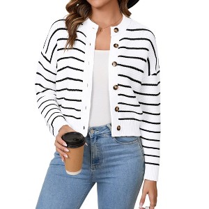 Coolmee Womens Striped Cardigan Casual Long Sleeve Open Front Button Down Knit Fall Sweaters Coat - 1 of 4