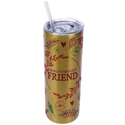 Elanze Designs Floral Vegas Gold 20 Ounce Double Wall Stainless Steel Glitter Travel Tumbler With Sliding Lid And Straw, World's Greatest Friend