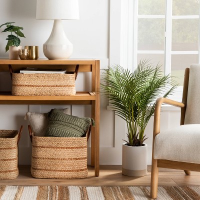 Natural Braided Water Hyacinth Rectangular Storage Basket with Faux Leather Handles