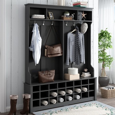 NicBex Coat and Shoe Rack Entryway Hall Tree with Bench with 6 Hooks, 24 Independent Open Shoe Cubbies, and 3 Shelves, Black
