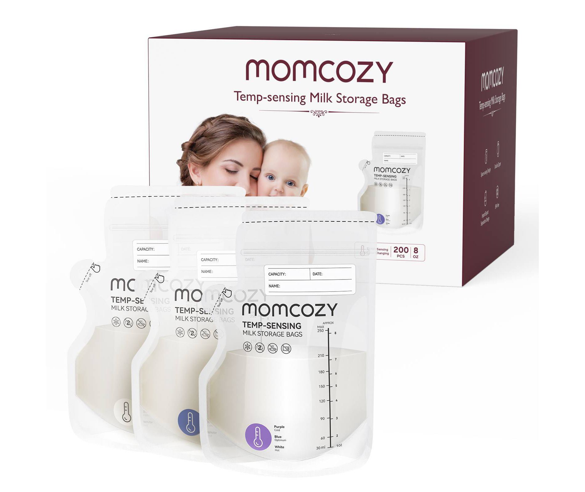 Momcozy Temp-Sensing Breast Milk Storage Bags - Clear - 200ct