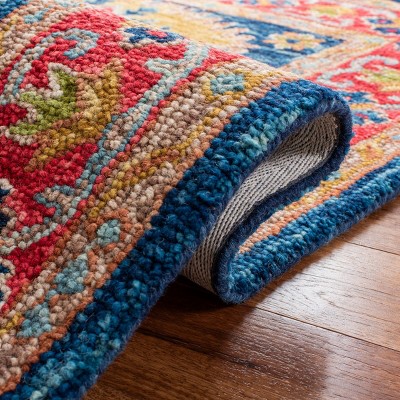 Handmade Tufted Blue Wool Runner with Geometric Design - 27"x11"