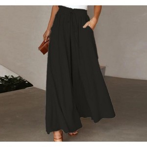 Women's Wide Leg Pants Elastic Waist Casual Palazzo Pants with Pockets - Soft High Waist Solid Color Lounge Pants for All Seasons - 1 of 4