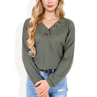 Anna-Kaci Women's Waffle Knit Button-Accent Long Sleeve Top with V-Neck