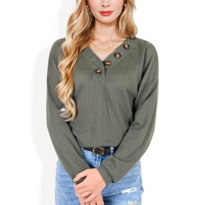 Anna-Kaci Women's Waffle Knit Button-Accent Long Sleeve Top with V-Neck - 1 of 4