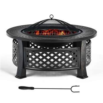 Costway 32'' Round Fire Pit Set W/ Rain Cover BBQ Grill Log Grate Poker