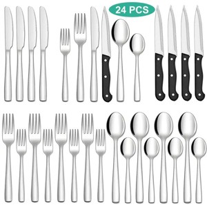 24 Pcs Silverware Set with Steak Knives Service for 4, Premium Stainless Steel Flatware Set for Home Kitchen, Mirror Finished Utensil Sets - 1 of 3