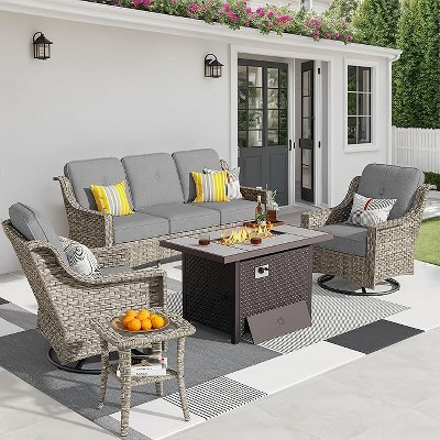 XIZZI 5 PCS Furniture Set with Fire Pit Table, All Weather Rattan Furniture Sofa Set with Swivel Rocking Chairs and 3 Seater Sofa