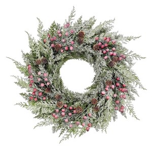 Puleo 24" Pre-Lit Artificial Flocked Wreath Adorned with Pinecones and Red Berries - 1 of 4