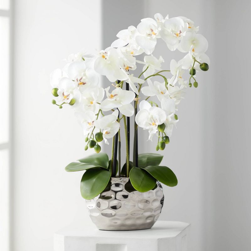 Dahlia Studios Potted Faux Artificial Flowers Realistic White Phalaenopsis Orchid in Silver Pot Home Decoration Office 23" High, 2 of 10