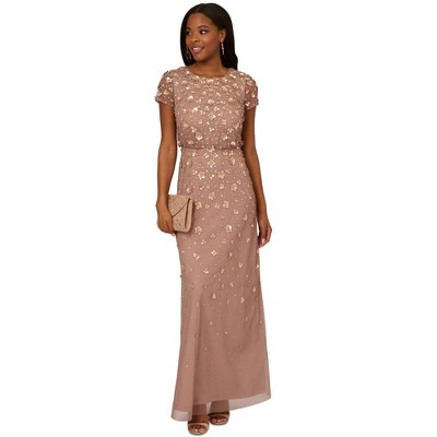 Adrianna Papell Womens Floral Beaded Embellished Gown Blouson Dress