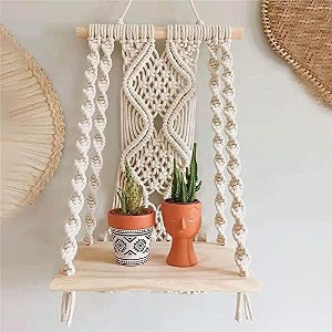 Aoibox Macrame Wall Hanging Shelf for Plants, Boho Style Wooden Floating Shelves, Indoor Outdoor Decorative Rope Shelving - 1 of 4