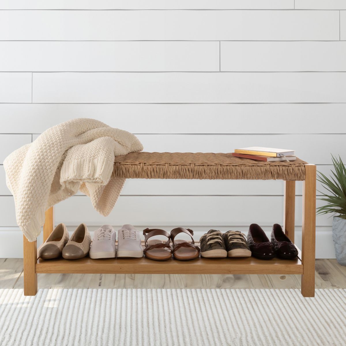 Alaterre Furniture Bench with Handcrafted Woven Rope Seat - Newport 40 in. Wood Bench with Storage Shelf for Entryway or Bedroom - thumbnail 4