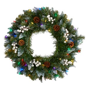 Nearly Natural 24-in Snow Tipped Artificial Christmas Wreath with 50 Multicolored LED Lights, White Berries and Pine Cones - 1 of 4