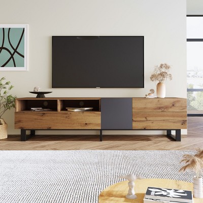 Modern TV Stand for TVs up to 80", Media Console with Drop-Down Door and Two Large Drawers, Entertainment Center for Living Room-The Pop Home